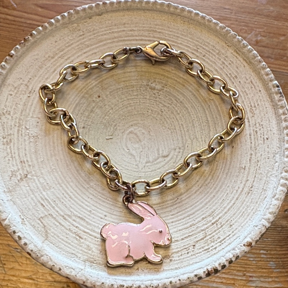 Gold Tone Bunny Charm Bracelet Pink Enamel Rabbit Easter Spring Jewelry 6-7”